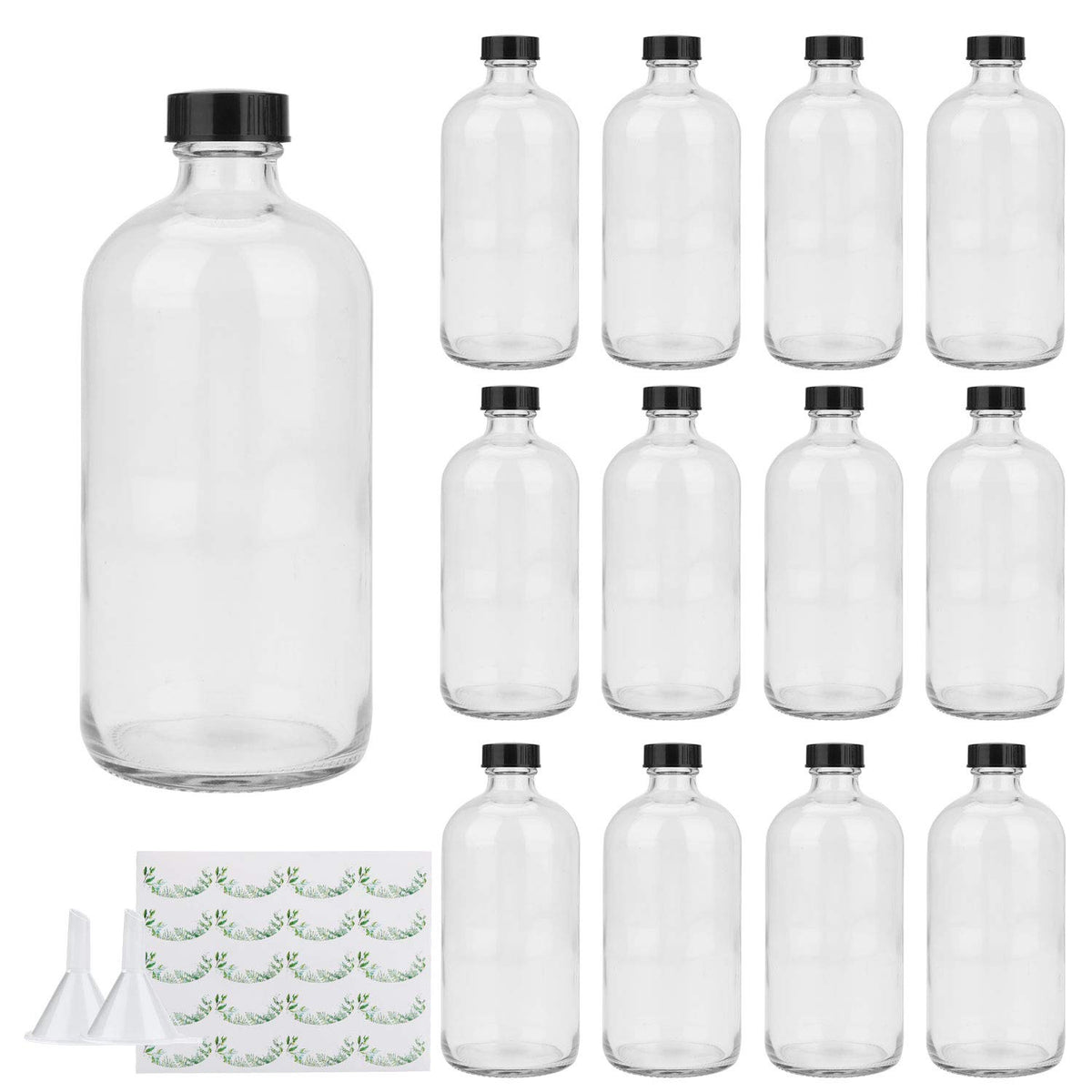 Maredash 16oz Boston Round glass bottle with lids, ideal for toiletries and cosmetics storage