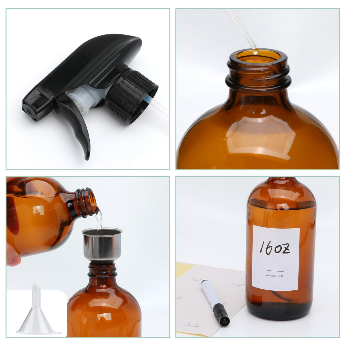 Maredash amber glass bottle with caps and funnels for easy setup.