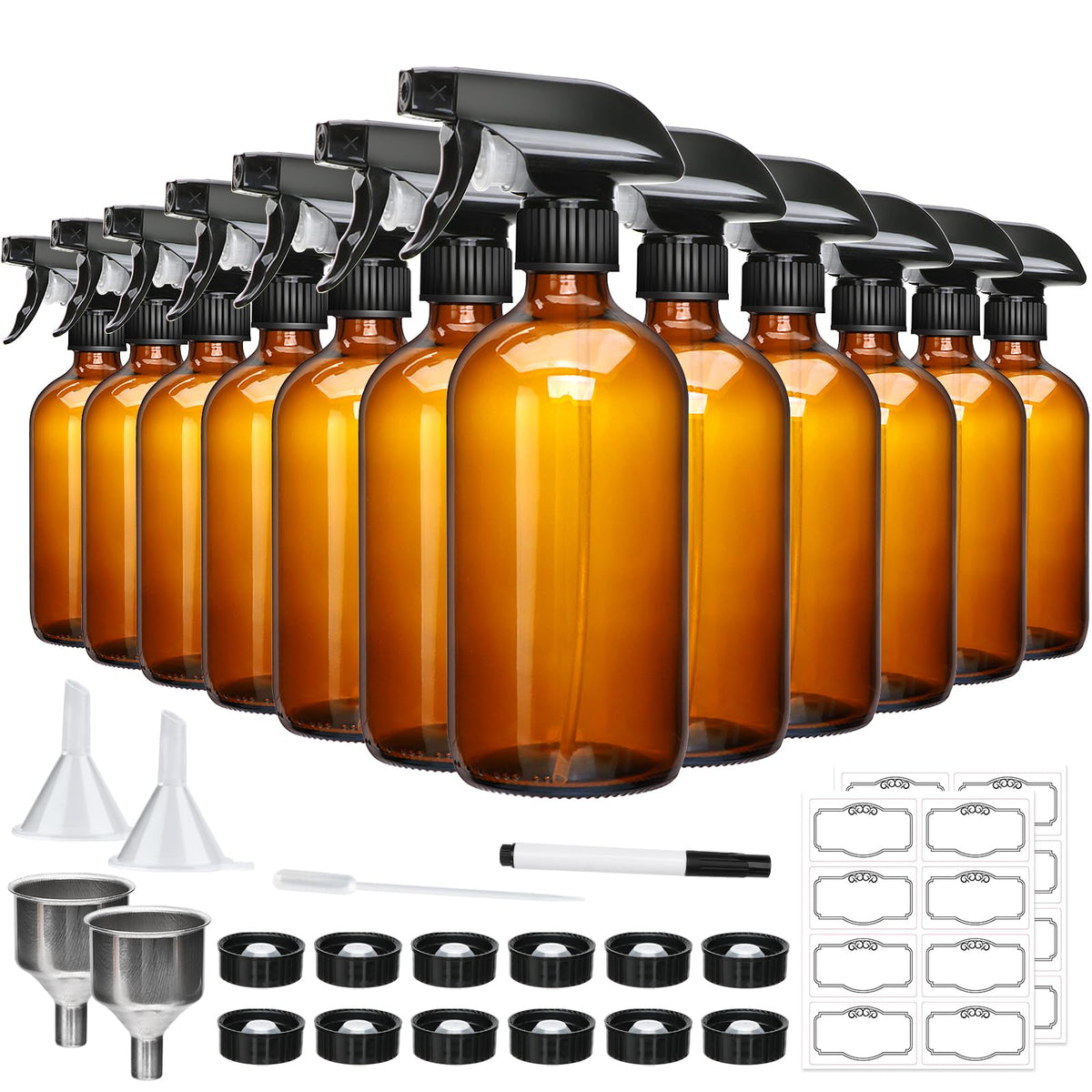 Maredash amber glass spray bottle front view for cleaning and aromatherapy.