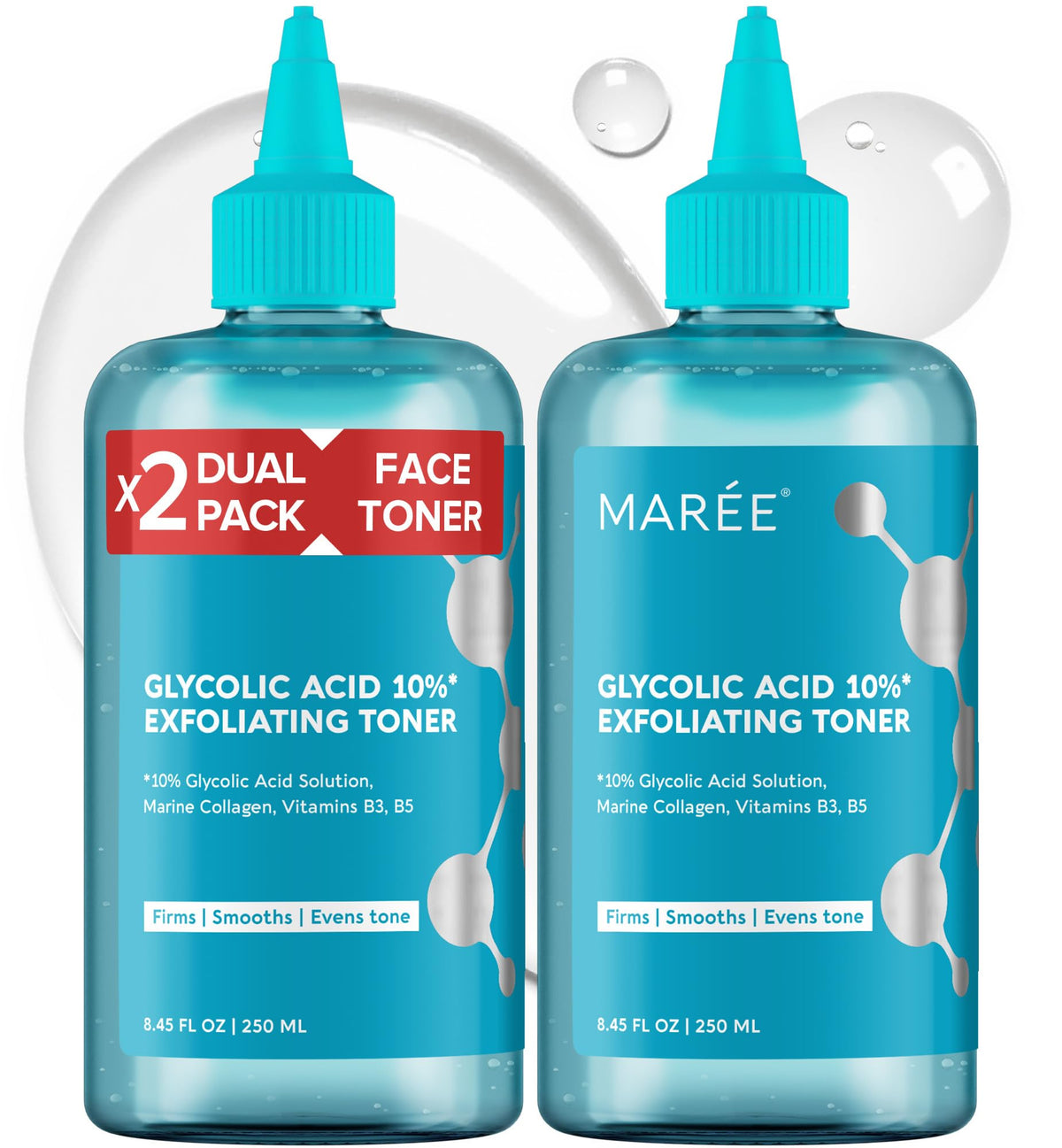 MAREE Glycolic Toner face bottle on shelf promotes brighter skin texture.