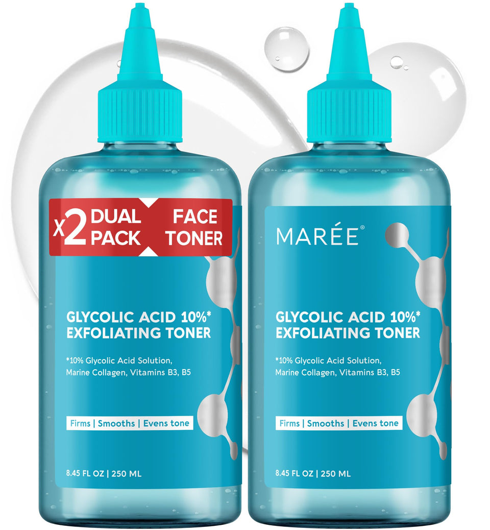 MAREE Glycolic Toner face bottle on shelf promotes brighter skin texture.