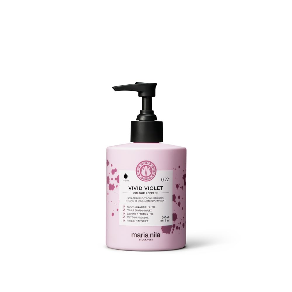 Maria Nila Color Refresh Vivid Violet bottle showing purple pigment for color refresh and conditioning