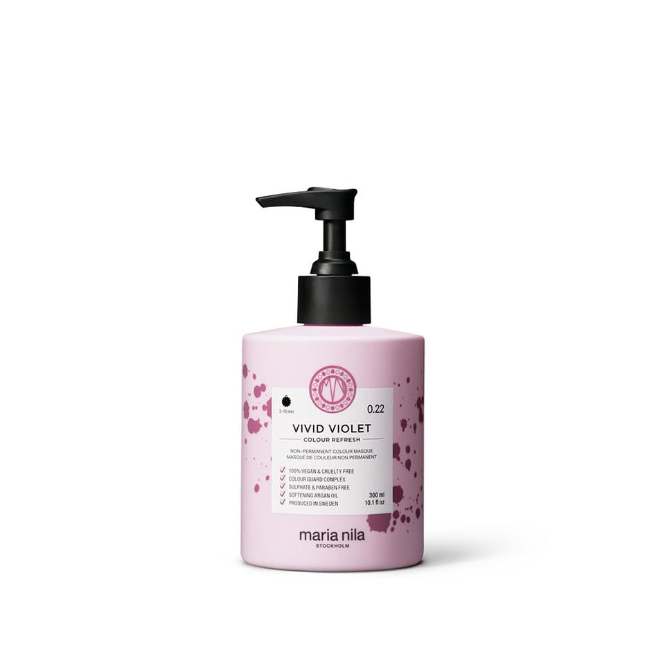 Maria Nila Color Refresh Vivid Violet bottle showing purple pigment for color refresh and conditioning