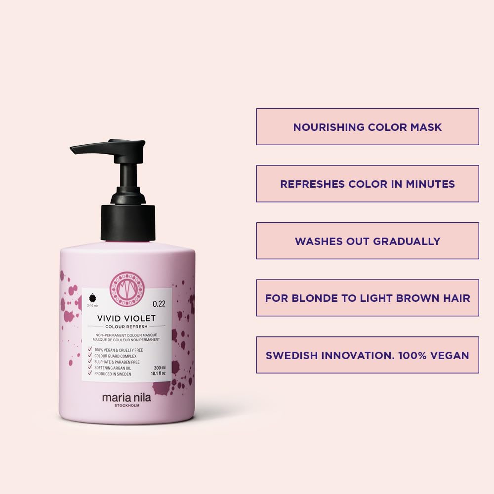 Maria Nila Color Refresh Vivid Violet packaging highlighting vegan semi-permanent color benefits