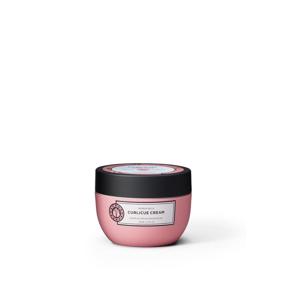 Maria Nila Curlicue Cream bottle showing defined curls for lightweight hold