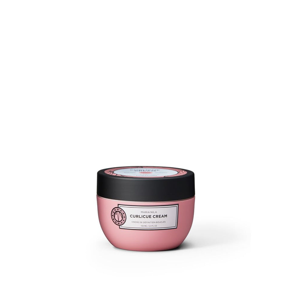 Maria Nila Curlicue Cream bottle showing defined curls for lightweight hold