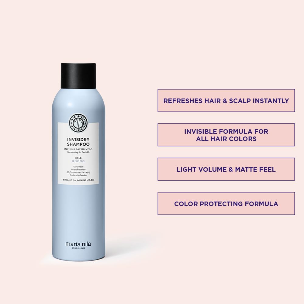 Maria Nila Invisidry spray being dispensed for rapid touch-ups.