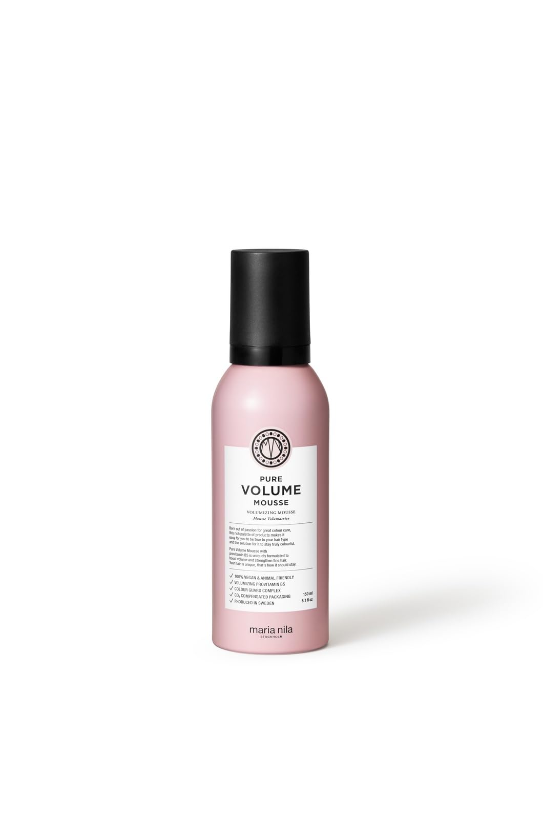 Maria Nila Pure Volume bottle front shows a mousse for fuller hair.