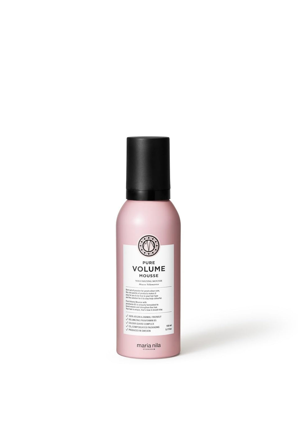 Maria Nila Pure Volume bottle front shows a mousse for fuller hair.