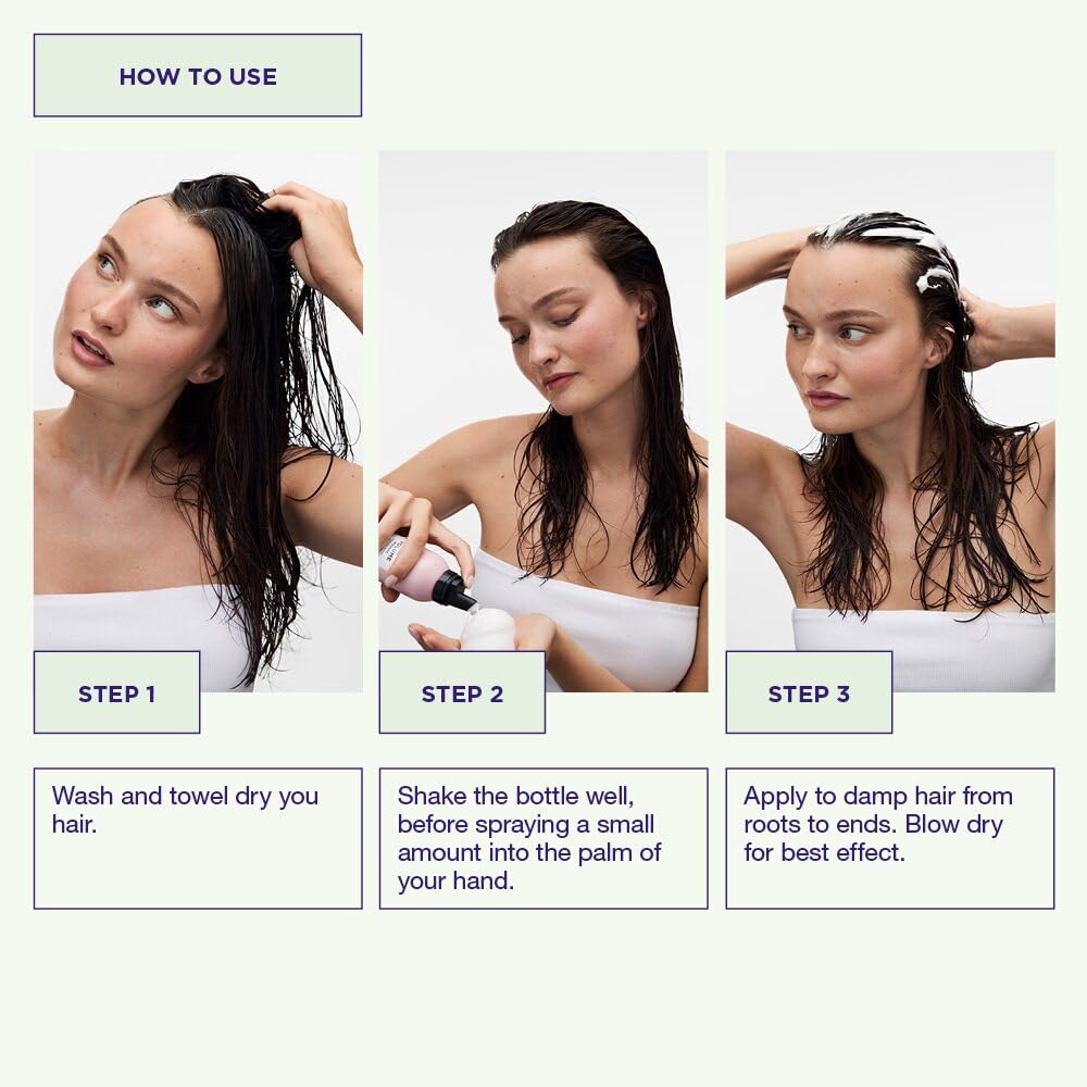 Maria Nila Pure Volume mousse being dispensed demonstrates easy styling and body.