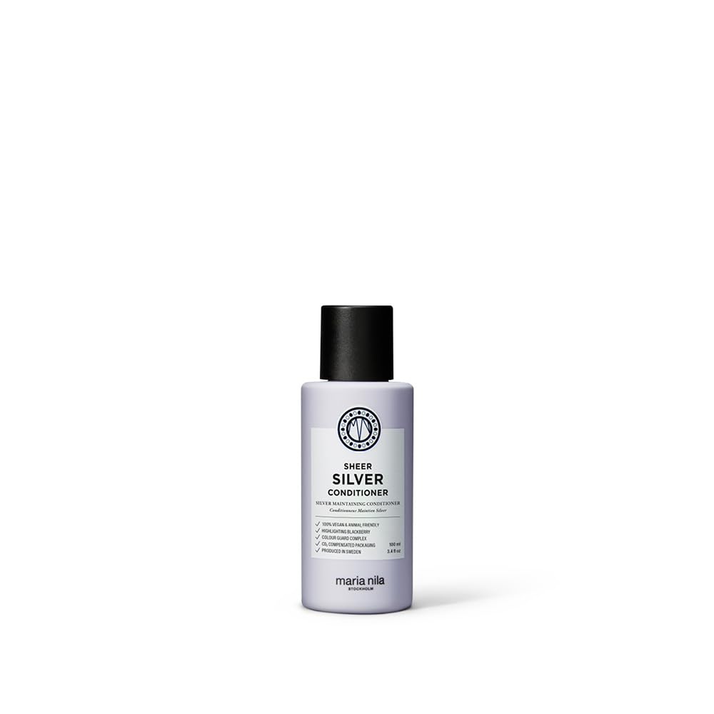 Maria Nila Sheer Silver conditioner bottle front view, neutralizing brass for blond and grey tones.