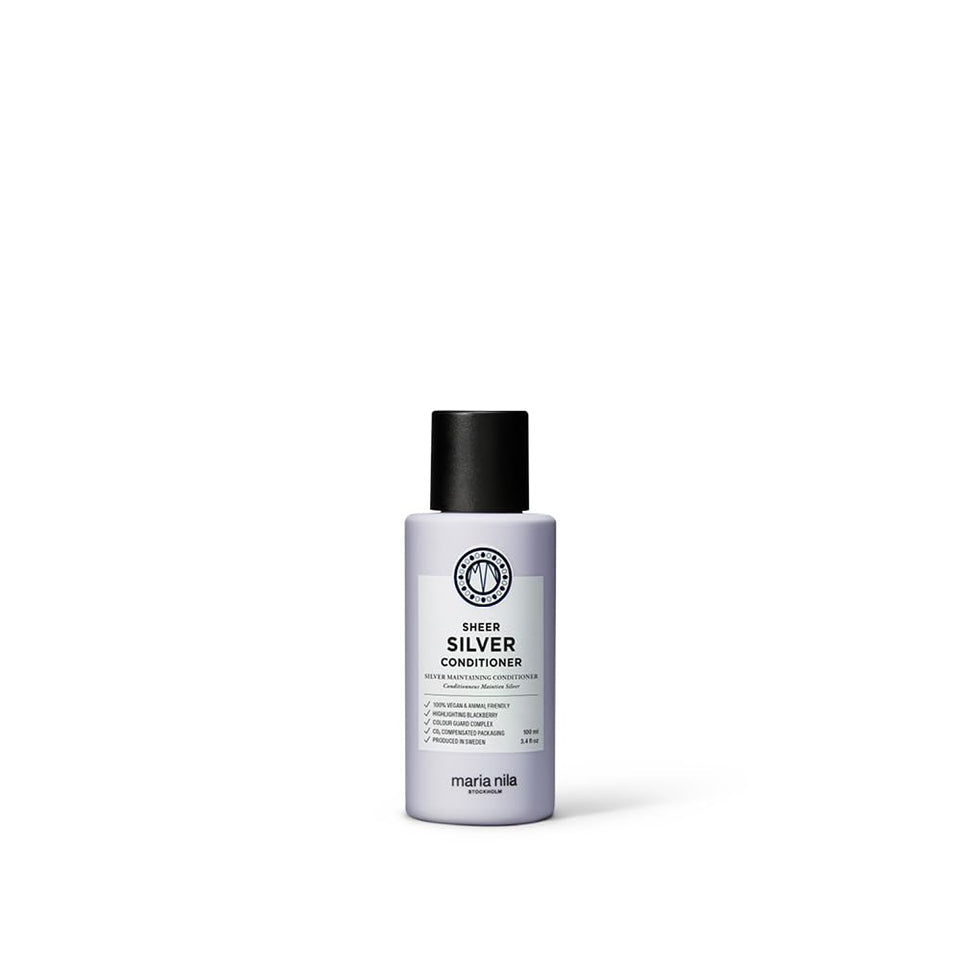 Maria Nila Sheer Silver conditioner bottle front view, neutralizing brass for blond and grey tones.