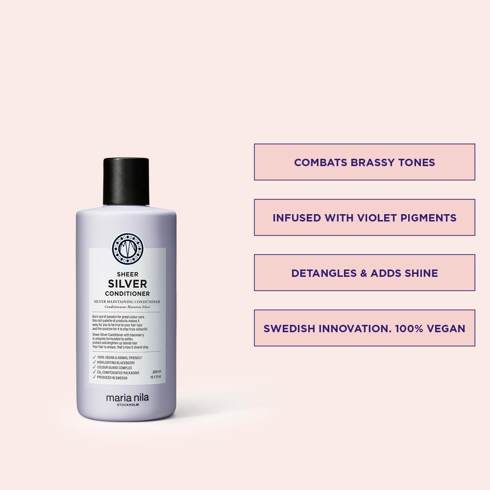 Maria Nila Sheer Silver label close-up highlighting vegan and color-safe formula