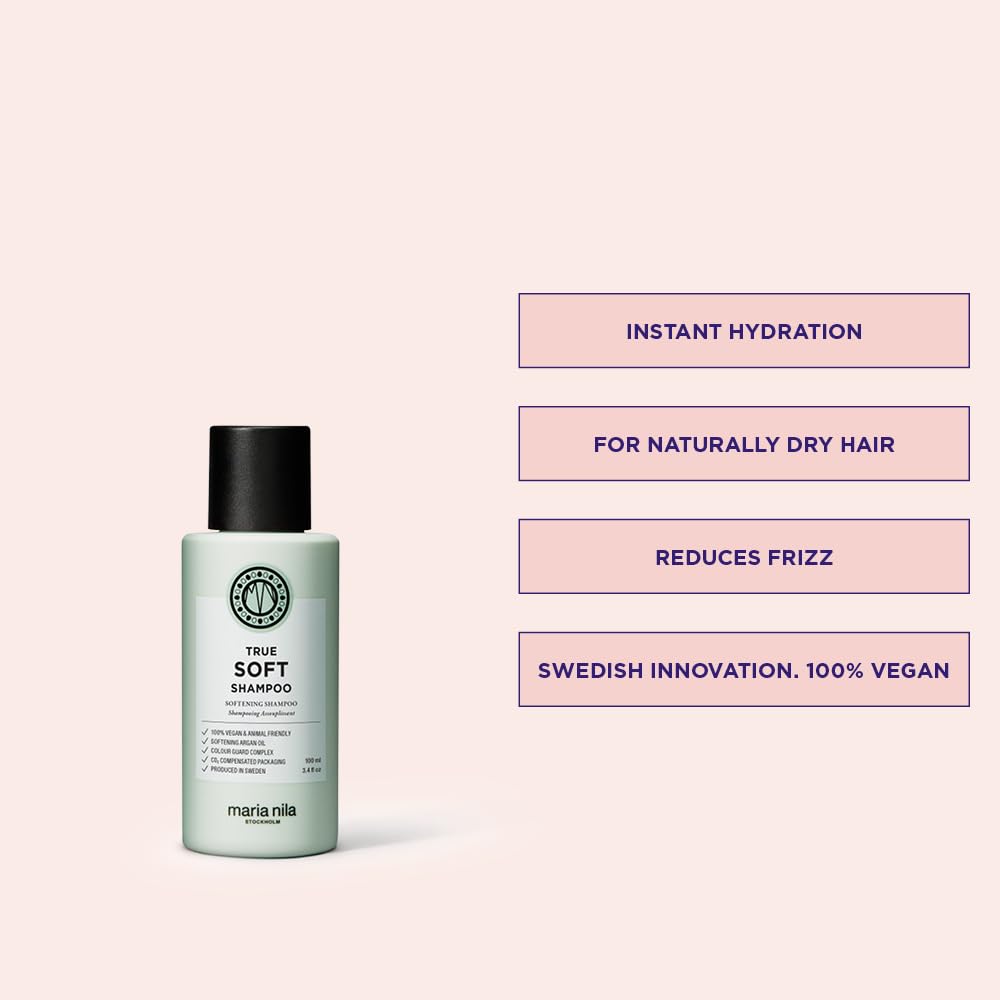 Maria Nila True Soft bottle back label highlights moisture-rich ingredients