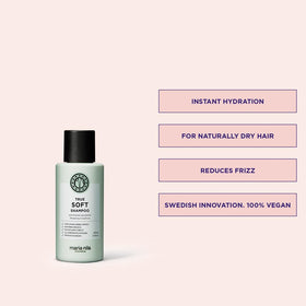 Maria Nila True Soft bottle back label highlights moisture-rich ingredients