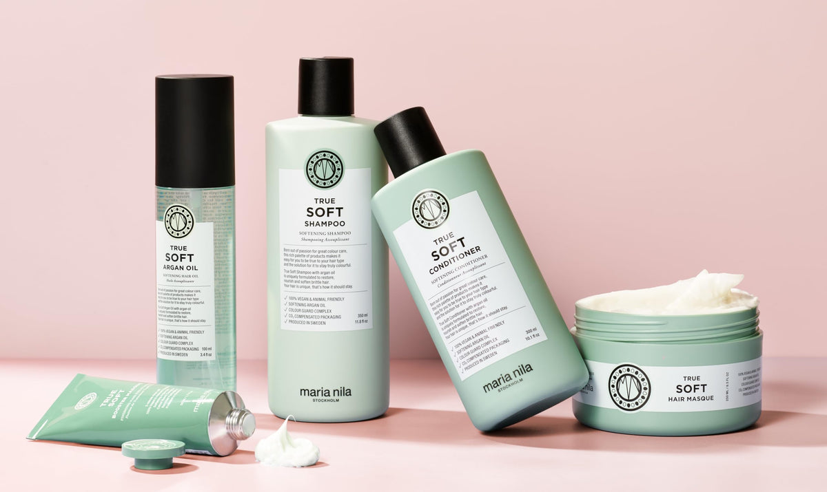 Maria Nila True Soft packaging and label highlight vegan formula