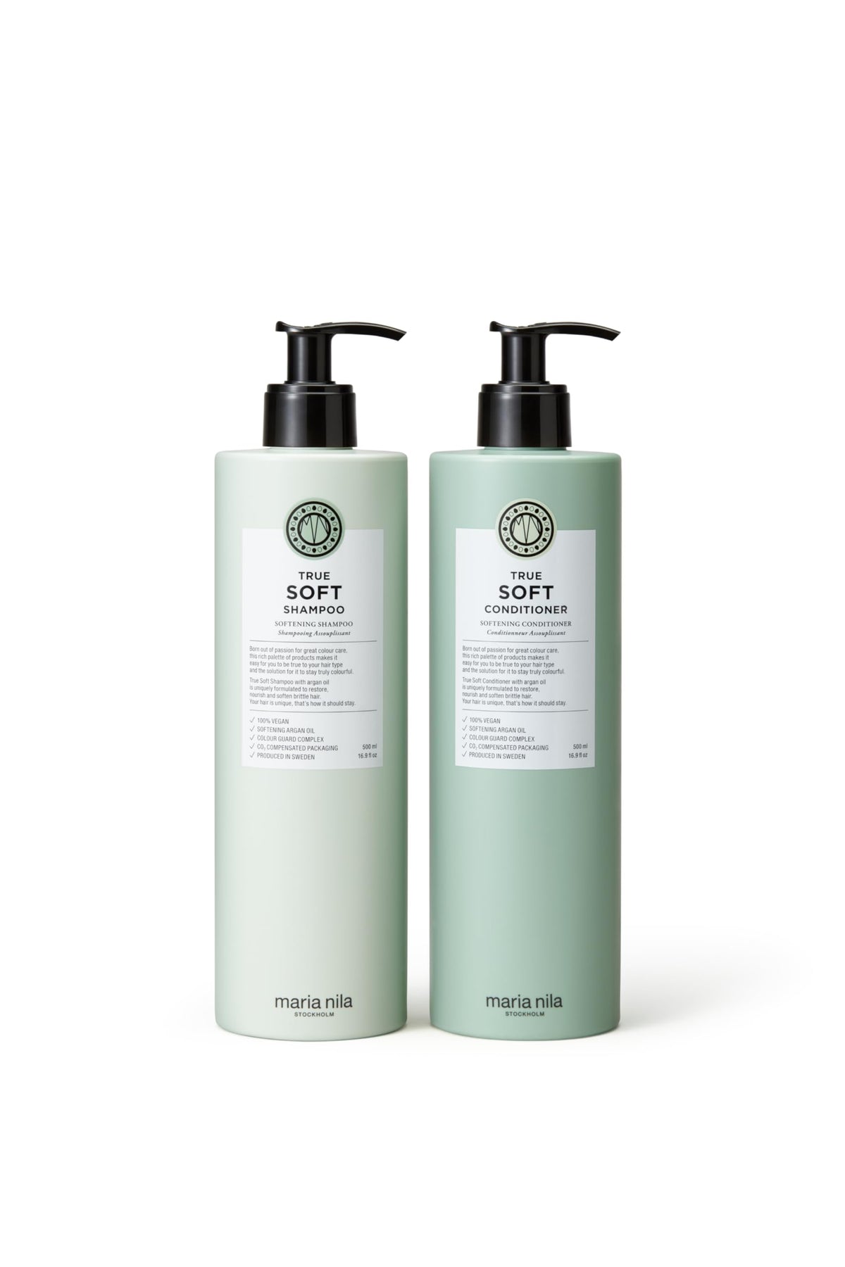 Maria Nila True Soft shampoo bottle moisturizes dry hair for daily care