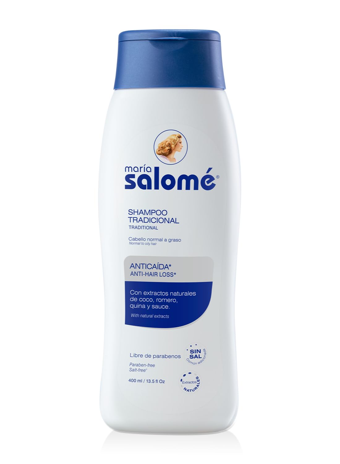 Maria Salomé Shampoo 400ml bottle front view, salt-free and paraben-free formula