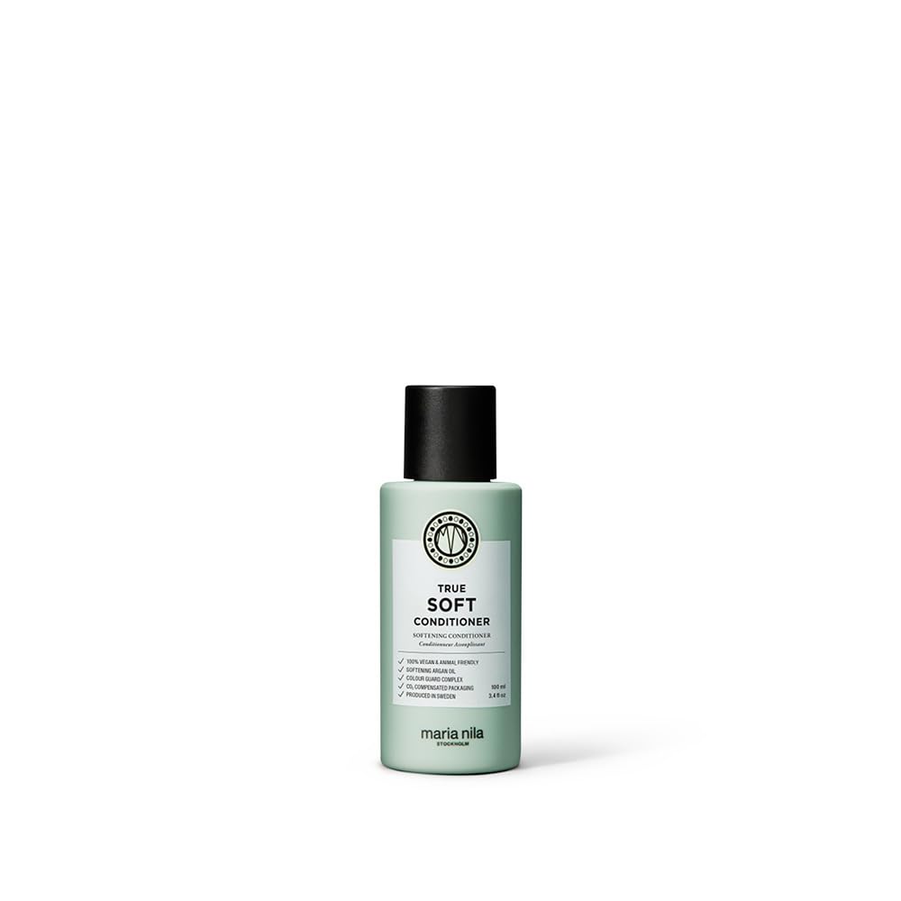 Maria Nila True Soft conditioner bottle highlighting detangling and moisture benefits