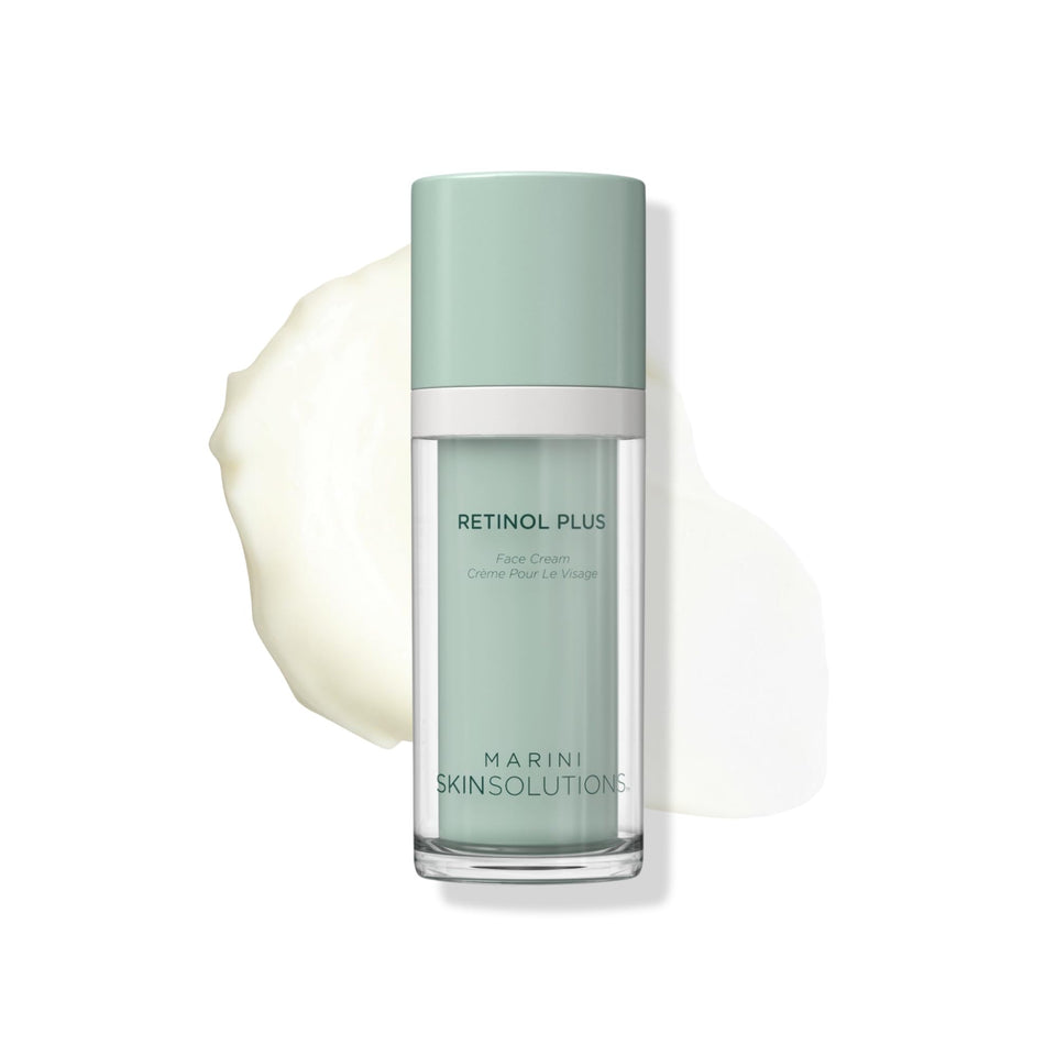 Marini SkinSolutions Retinol Plus bottle showcases a premium anti-aging lotion for smoother skin.
