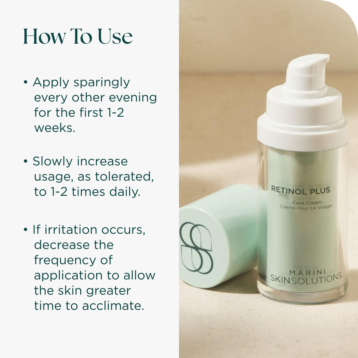Marini SkinSolutions Retinol Plus packaging communicates cruelty-free, USA-made quality.