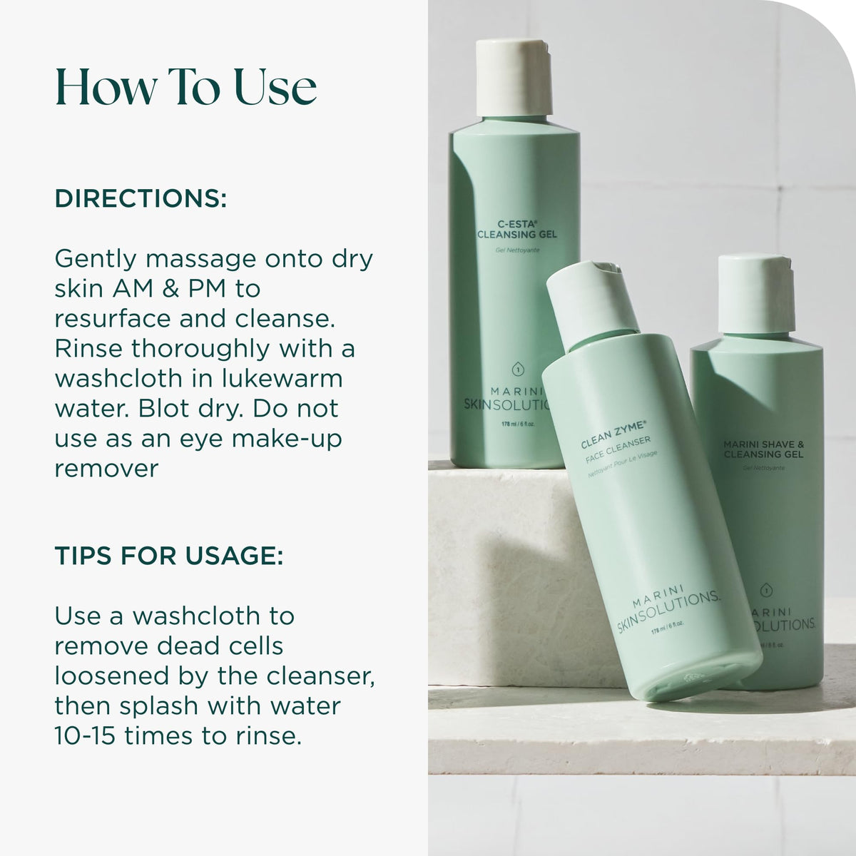 Marini SkinSolutions Clean Zyme washcloth removal demonstrates easy rinse and mild cleanse.