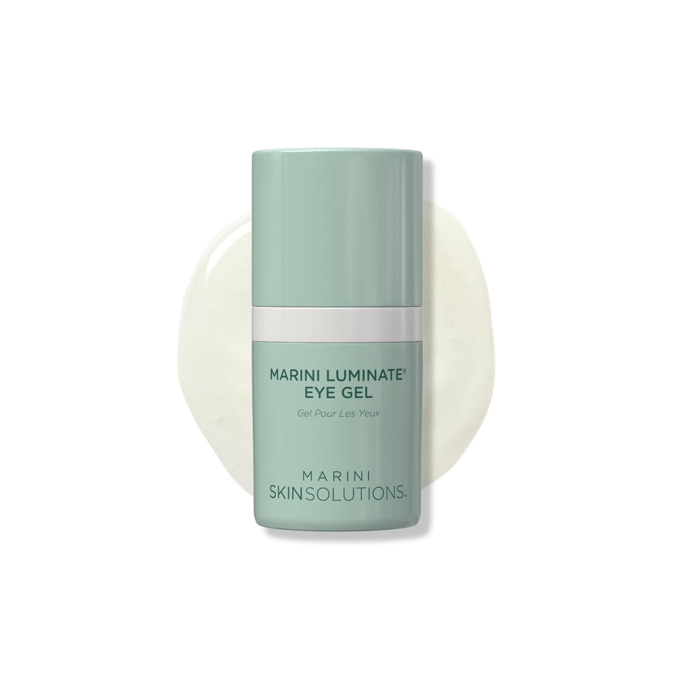 Marini SkinSolutions Luminate Eye Gel bottle; may reduce dark circles around the eyes.