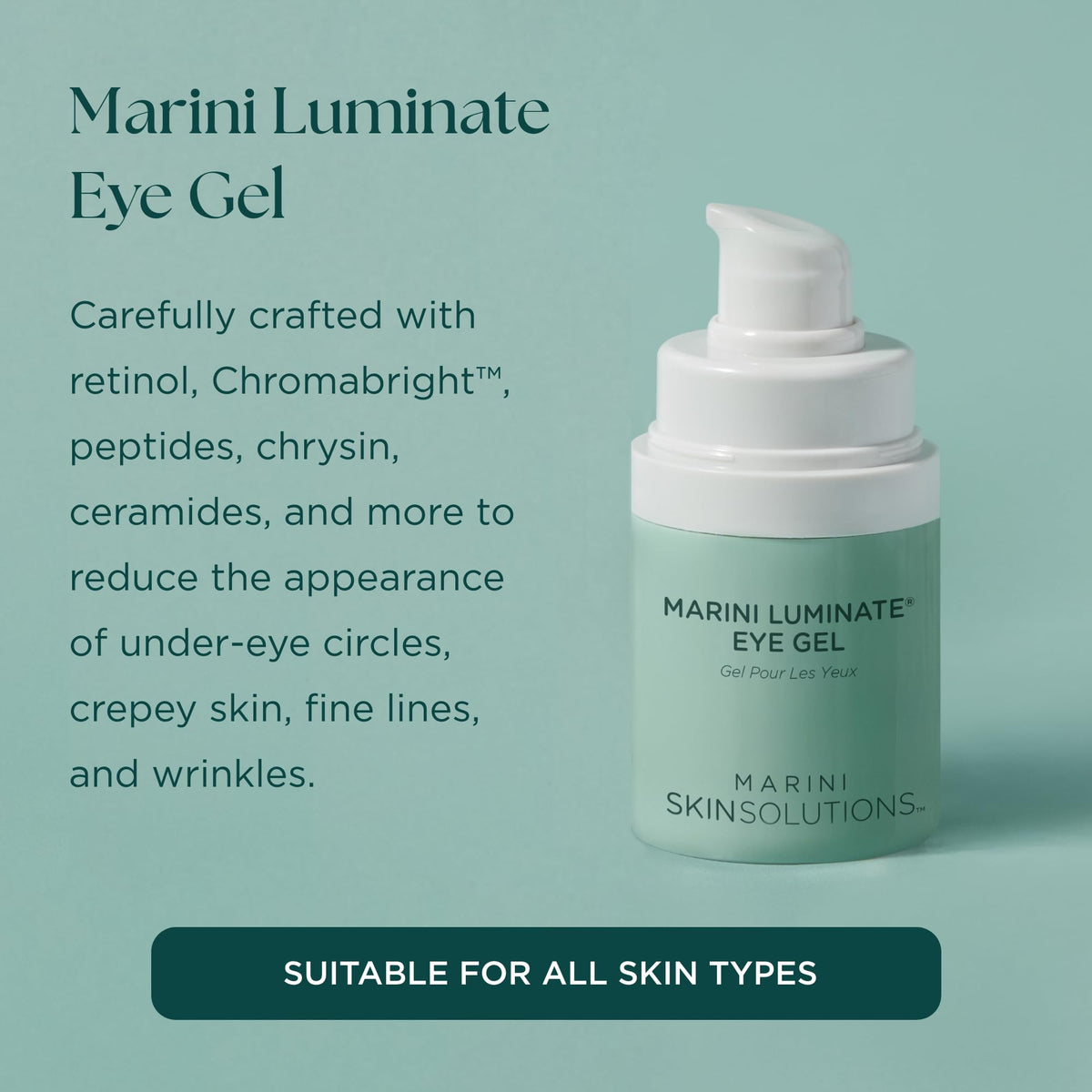 Marini SkinSolutions Luminate Eye Gel pump close-up for lower-eye care.
