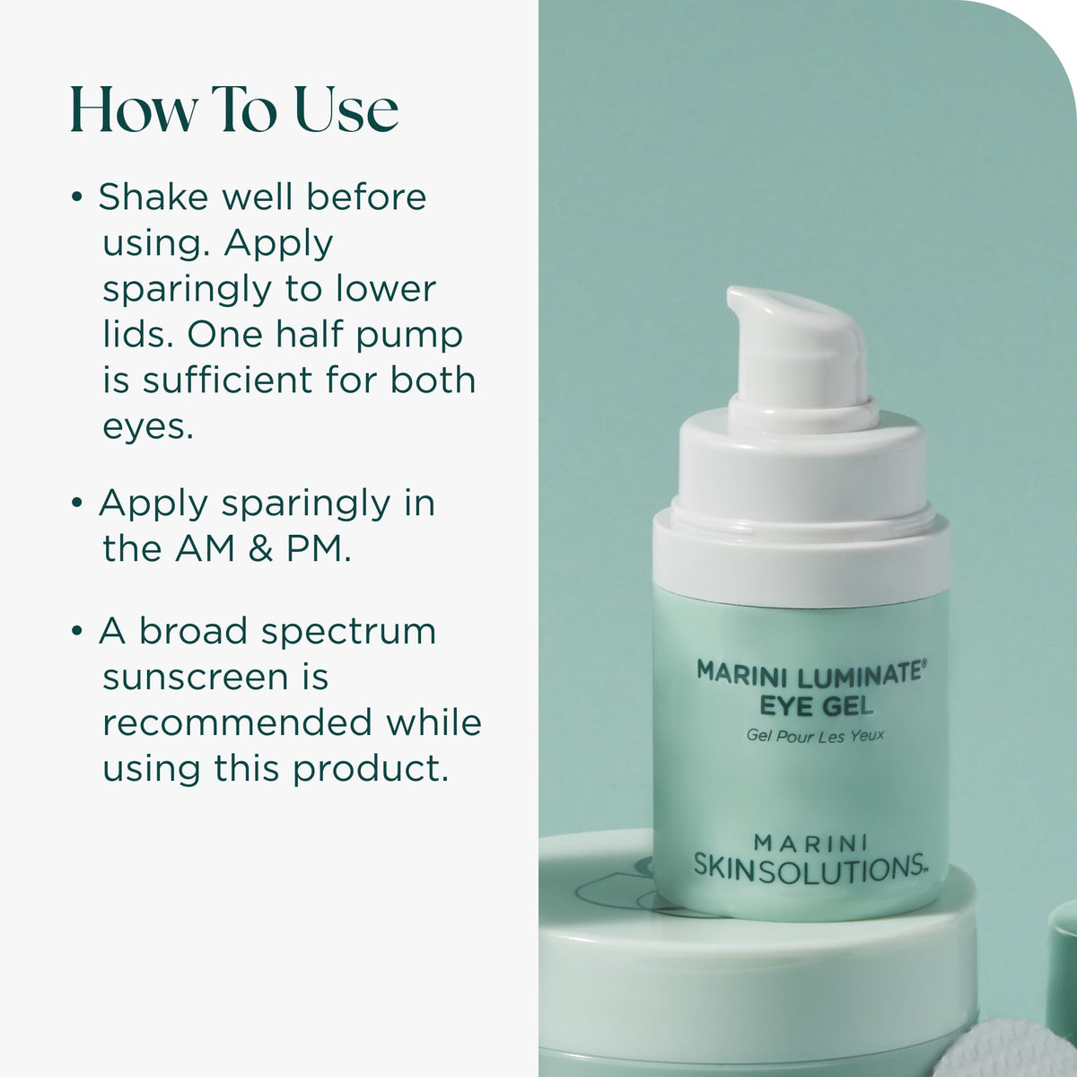 Marini SkinSolutions Luminate Eye Gel ingredient list visual features retinol chromabright and peptides.