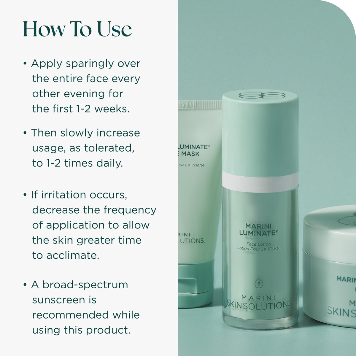 Marini SkinSolutions Luminate Face Lotion pump-top in focus for evening skincare.