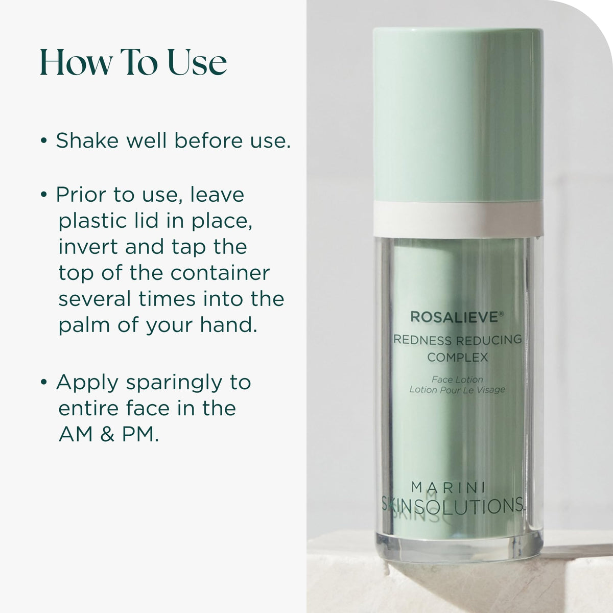 Packaging box for RosaLieve by Marini SkinSolutions highlighting cruelty-free USA-made claim.