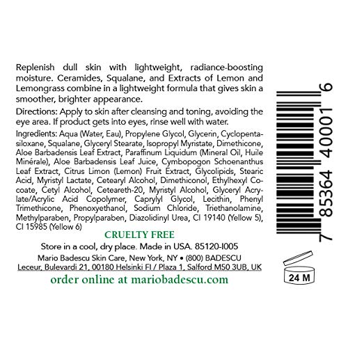 Mario Badescu A.H.A. Ceramide label close-up with lemon and aloe botanicals for soothing care.