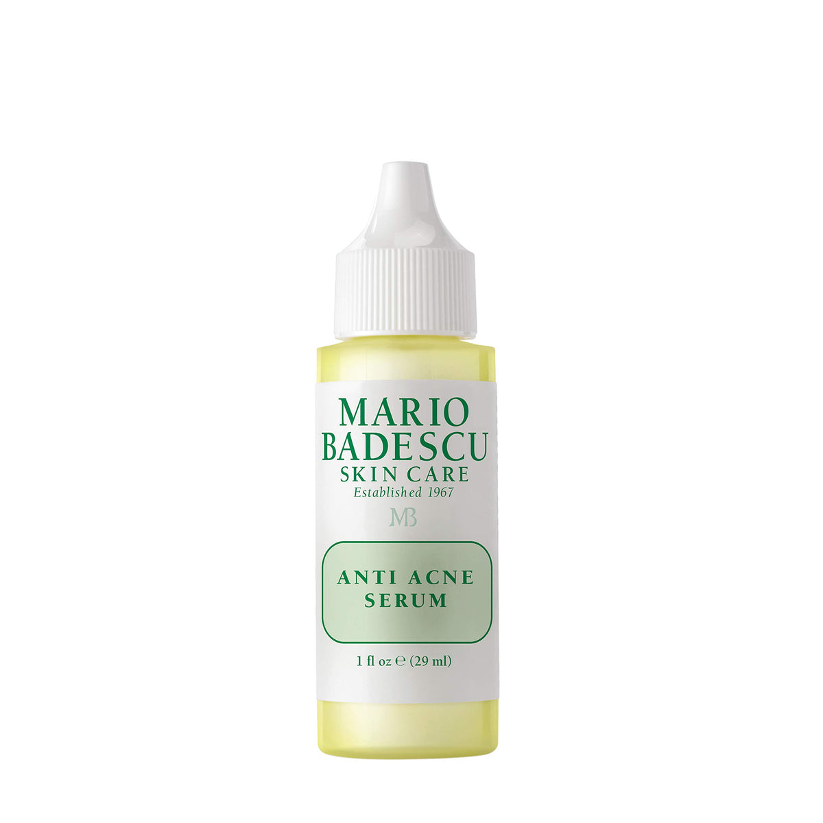 Mario Badescu anti acne serum bottle top view, oil-control nightly care for clear skin.