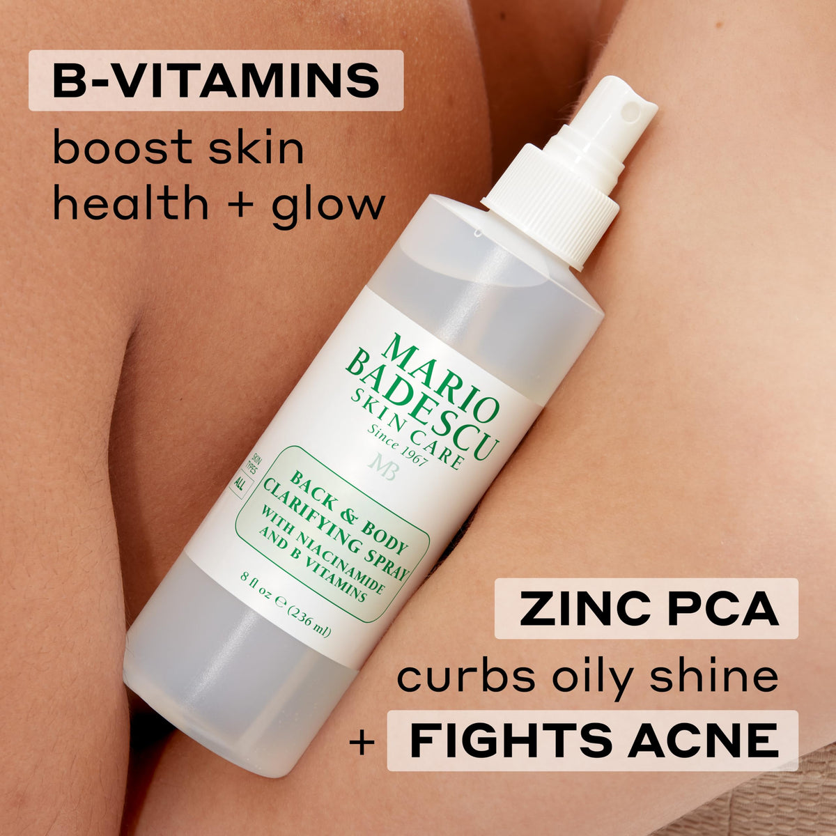 Mario Badescu Back and Body Clarifying Spray 360 degree nozzle delivers consistent coverage.