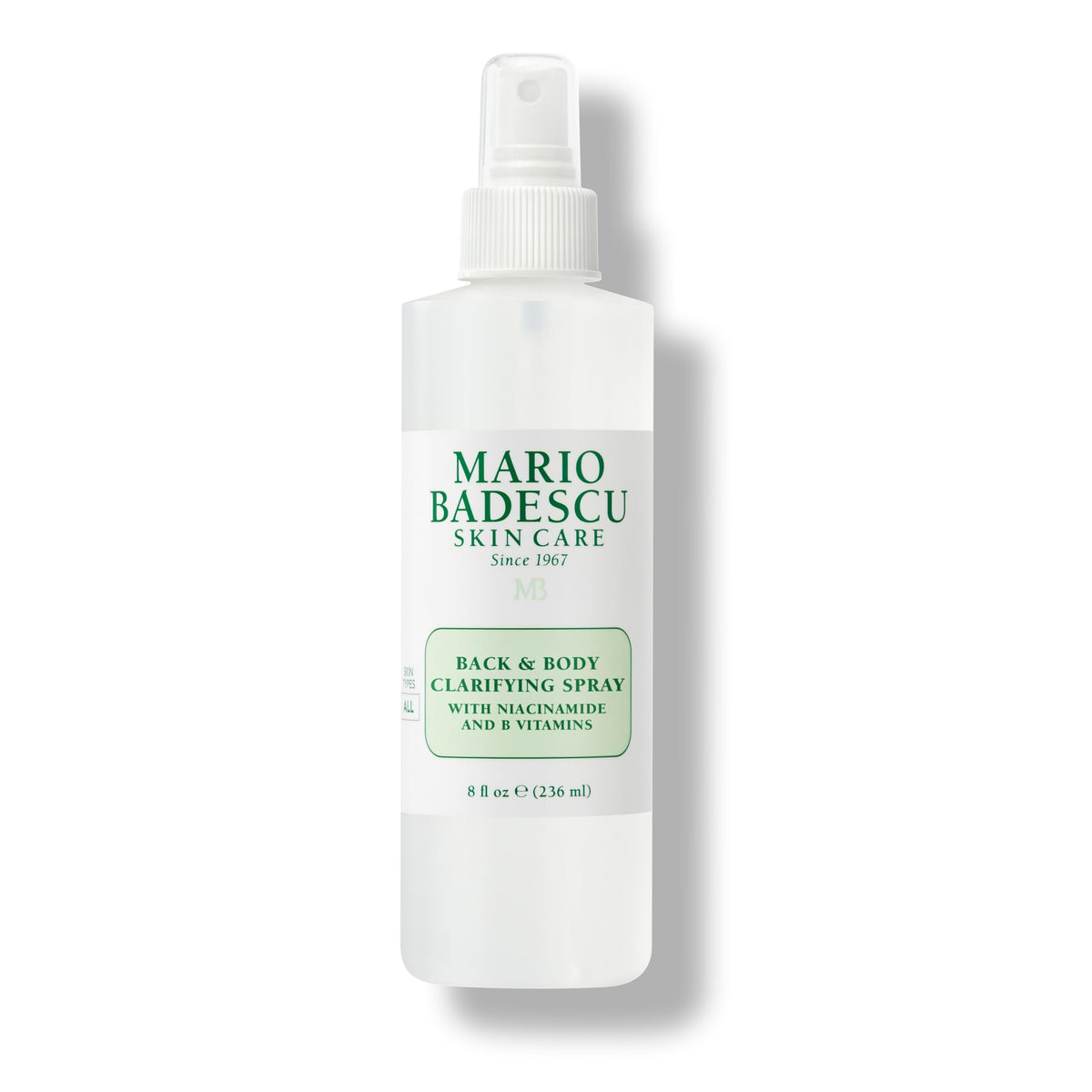 Mario Badescu Back and Body Clarifying Spray bottle provides even coverage and quick absorption.