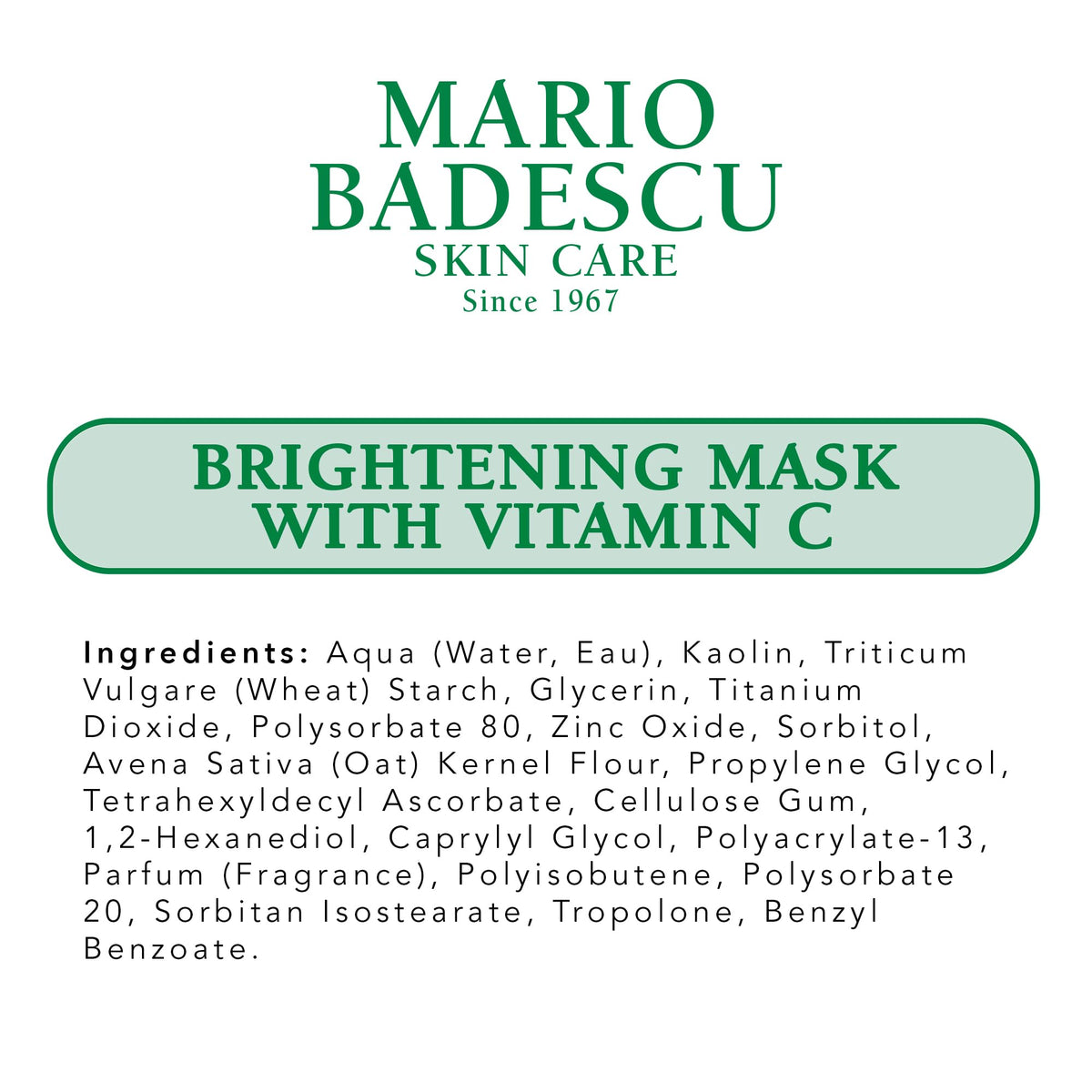 Packaging of Mario Badescu Brightening Mask highlights United States origin and premium formula.