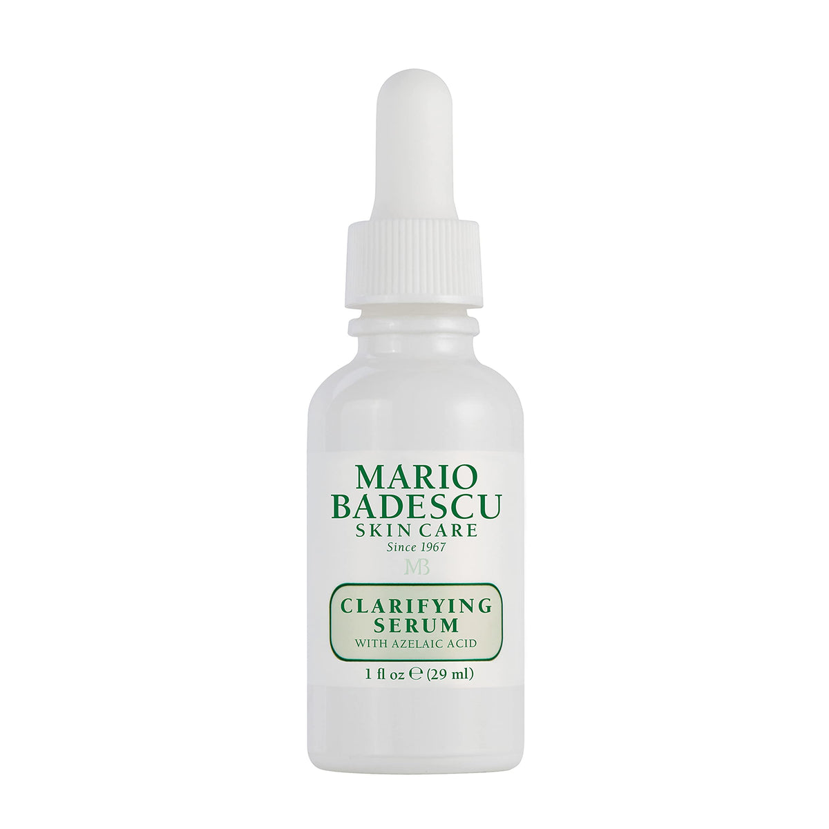 Mario Badescu Clarifying Serum bottle demonstrates azelaic acid treatment for clearer skin.