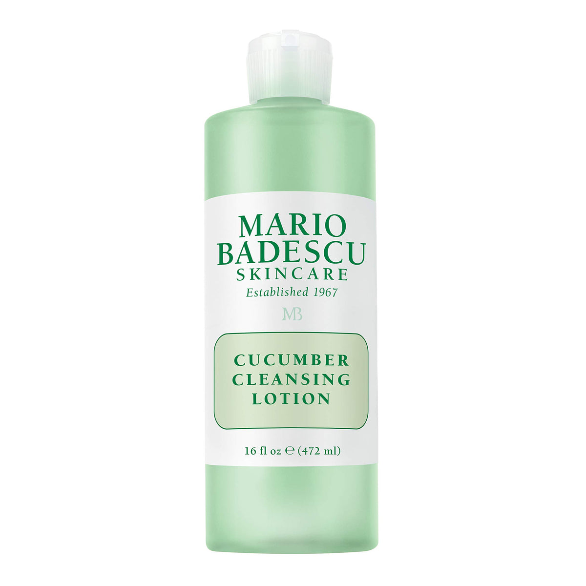 Mario Badescu Cucumber Cleansing Lotion bottle close-up highlighting cooling and clarifying effect.