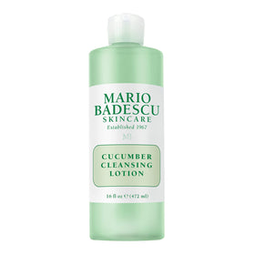 Mario Badescu Cucumber Cleansing Lotion bottle close-up highlighting cooling and clarifying effect.