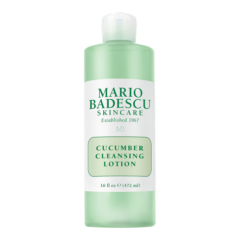 Mario Badescu Cucumber Cleansing Lotion bottle close-up highlighting cooling and clarifying effect.