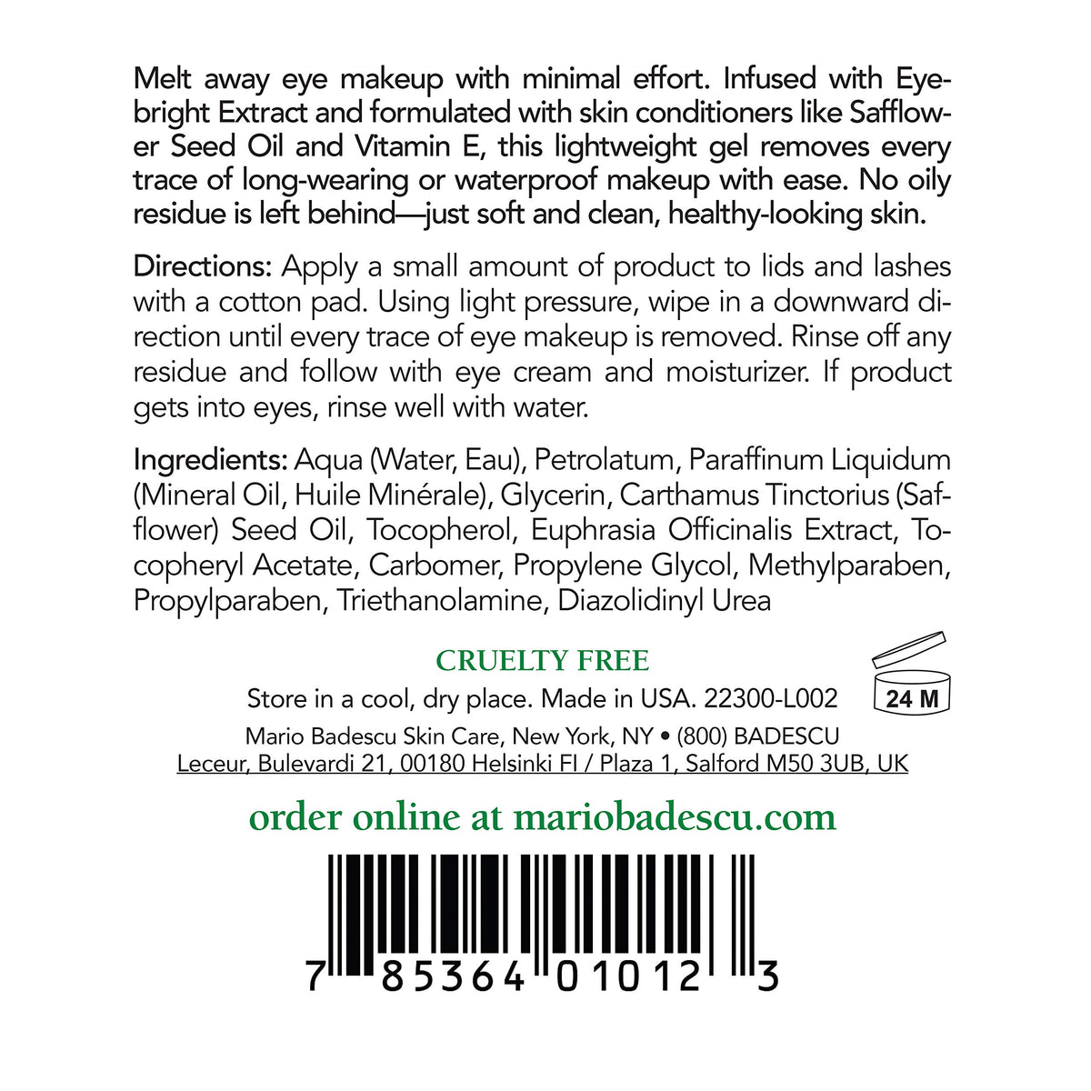 Mario Badescu Eye Makeup Remover Gel on cotton pad, dissolves waterproof mascara without residue.