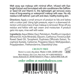 Mario Badescu Eye Makeup Remover Gel on cotton pad, dissolves waterproof mascara without residue.