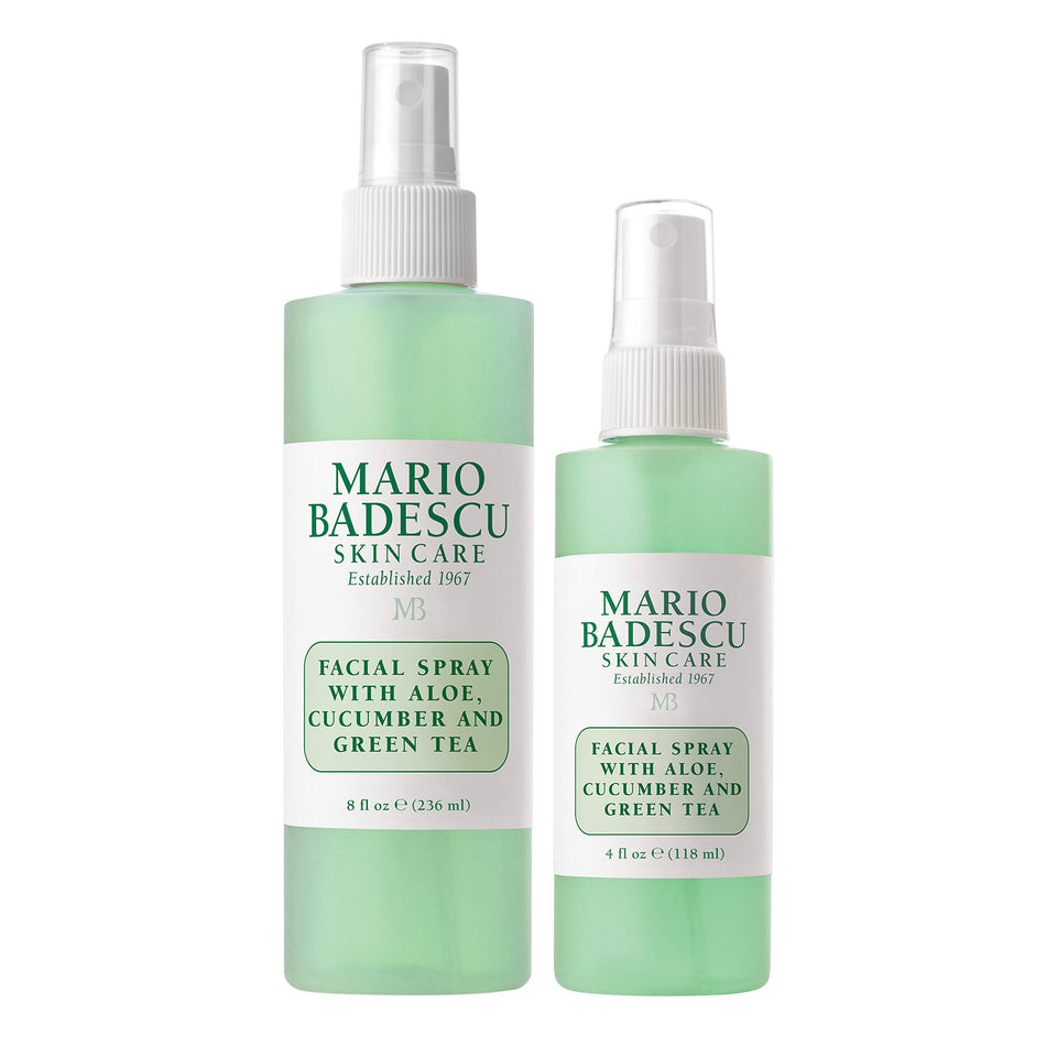 Mario Badescu facial spray bottle close-up with aloe cucumber green tea, ideal for all skin types