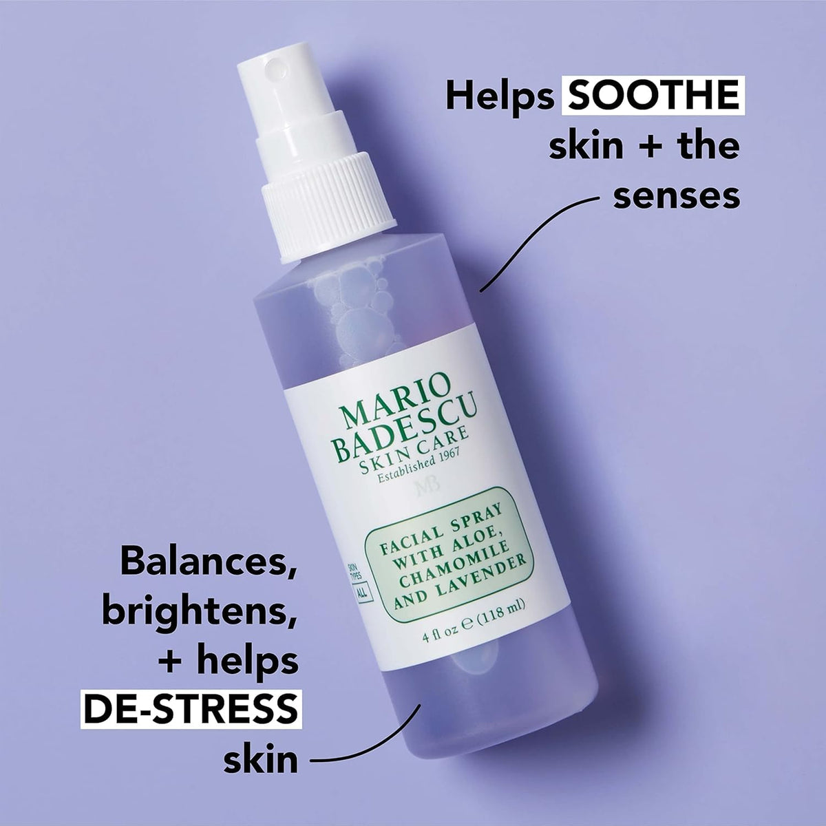 Mario Badescu facial spray bottle closeup highlighting green tea benefits.
