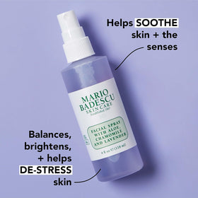 Mario Badescu facial spray bottle closeup highlighting green tea benefits.