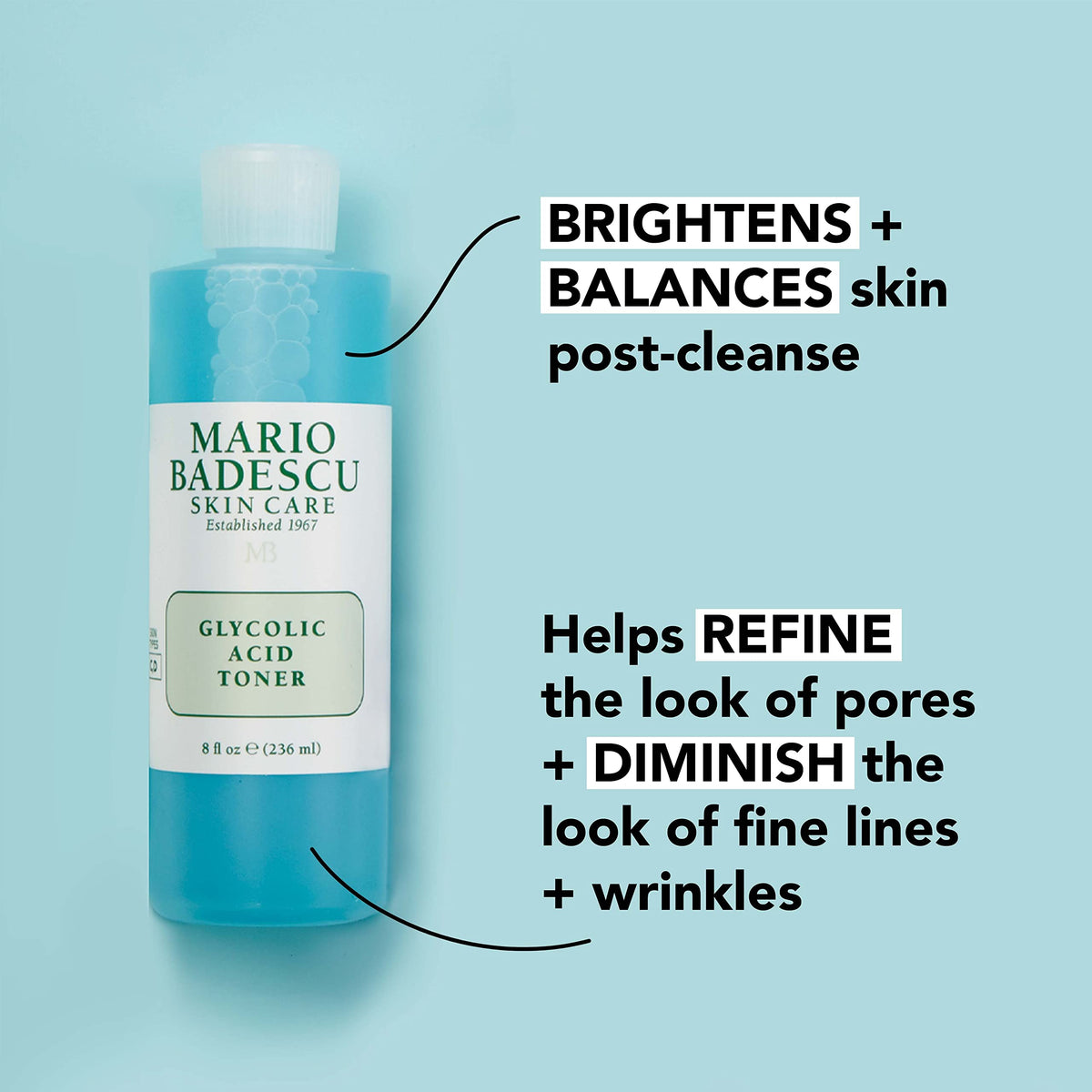 Mario Badescu Glycolic Toner bottle pour illustrates quick, gentle application.