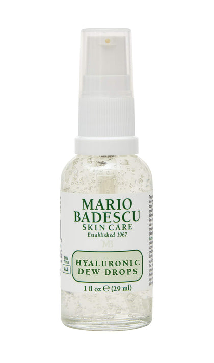 Mario Badescu Hyaluronic Dew Drops bottle highlights glassy glow potential