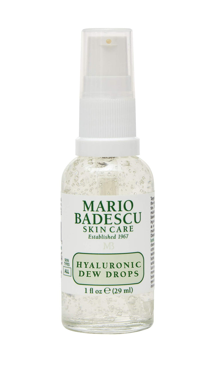 Mario Badescu Hyaluronic Dew Drops bottle highlights glassy glow potential