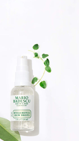 Mario Badescu Hyaluronic Dew Drops swatch on skin shows dewy finish
