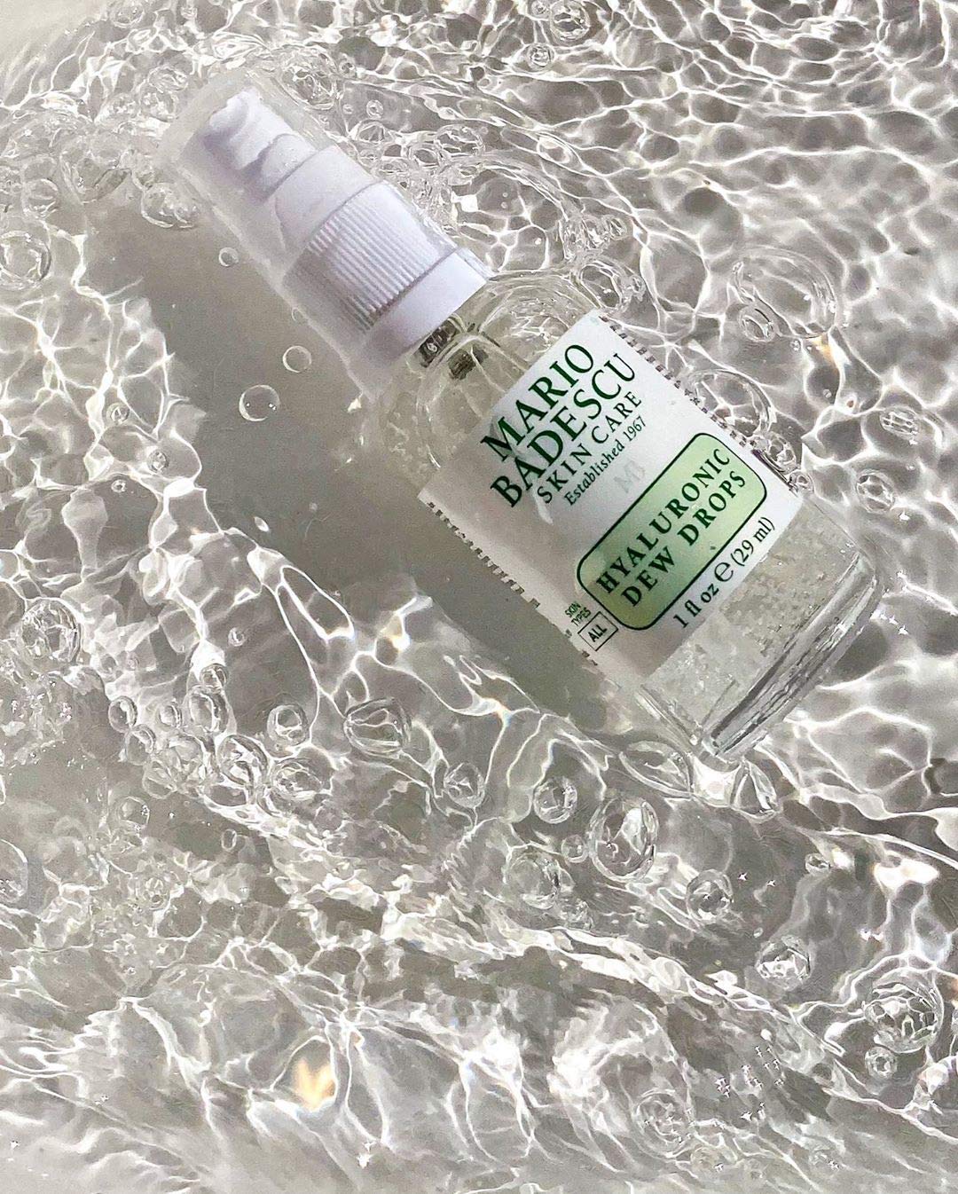 Applying Mario Badescu Dew Drops after misting enhances moisture